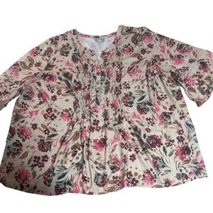 Catherines Womens 3X Floral Pleated Front Short Sleeve Blouse Tan Pink 42-2767-4